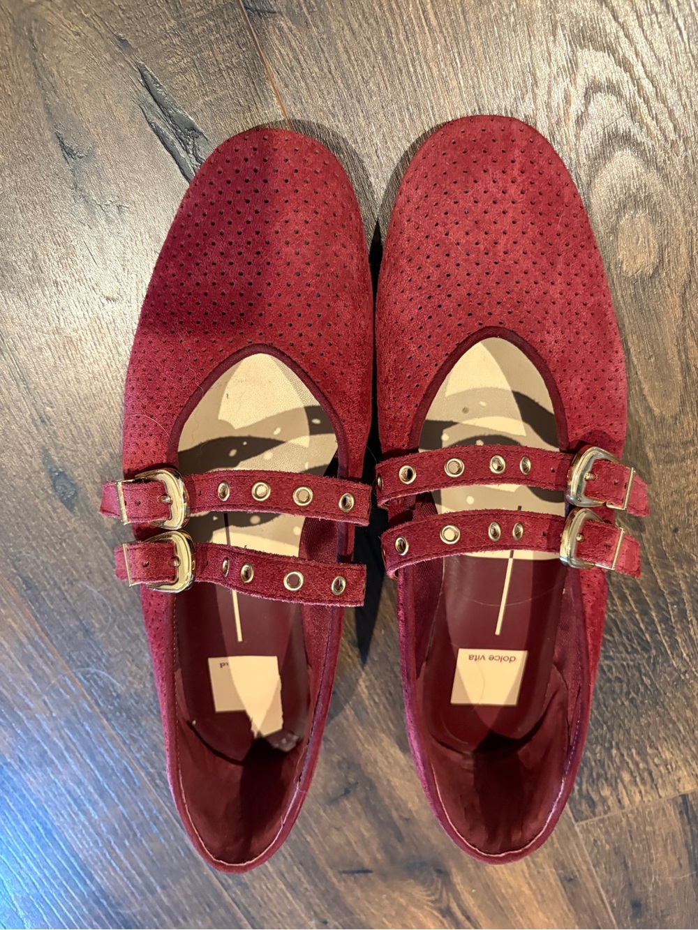 Dolce Vita Burgundy Double-Buckle Perforated Suede Flats